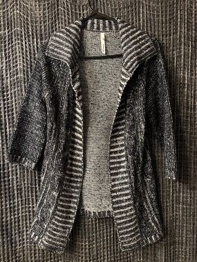 Dark Blue & White Open-Front Cable Knit Cardigan Sweater.